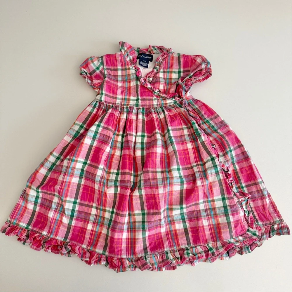 Ralph Lauren Baby Girls Casual Summer Plaid Ruffle Tie Wrap Dress Size 24M Pink